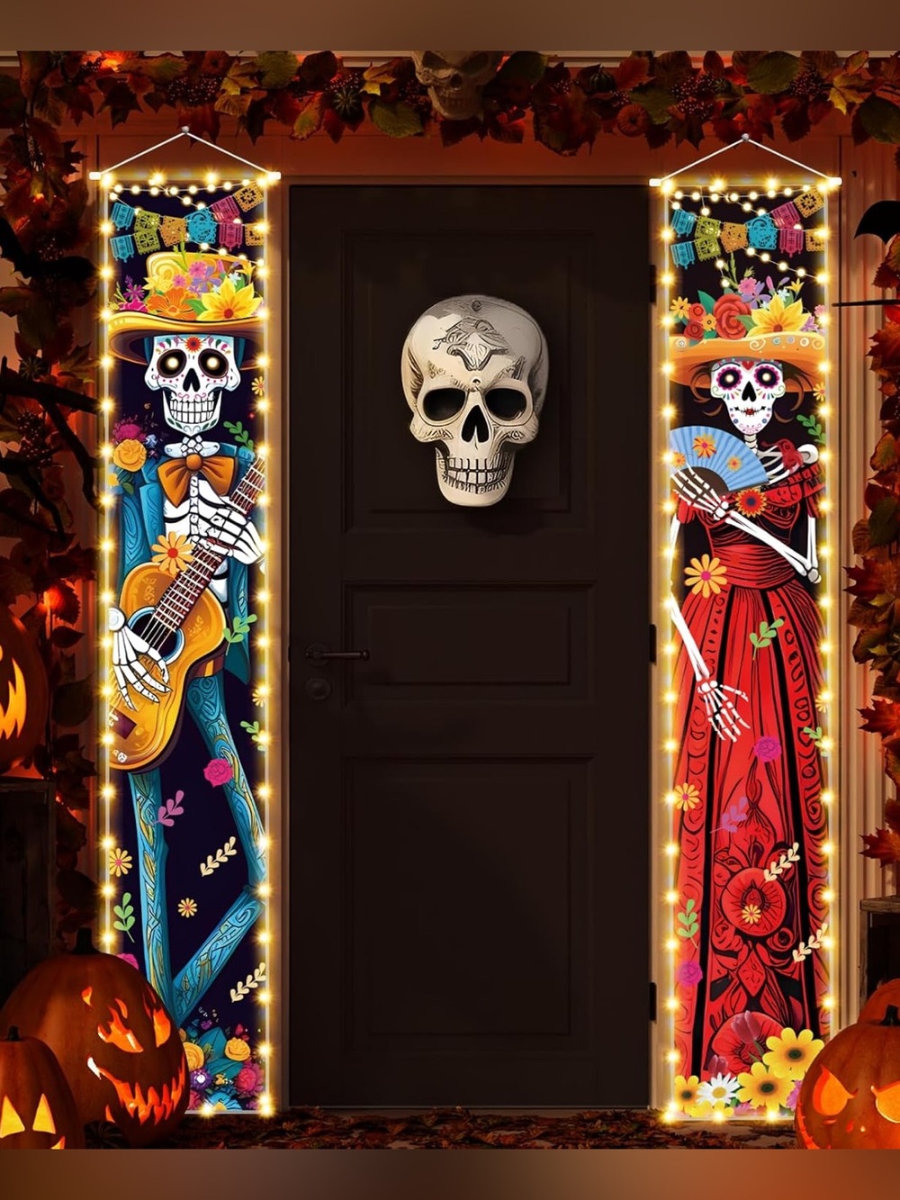 Pack of 2 Lighted Day of the Dead Skeleton Door Banner Panels - Multicolor